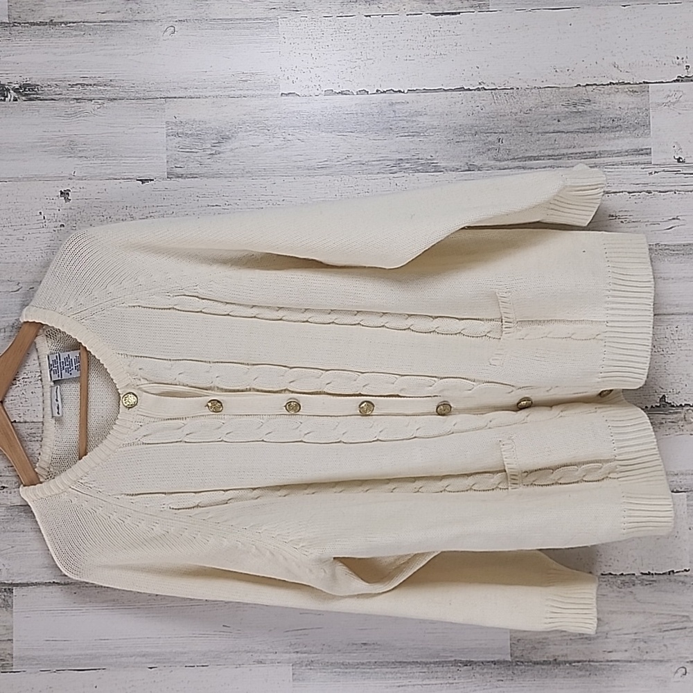 Bobbie Brooks cream cable knit grandma sweater buttonup cardigan pockets Size XL